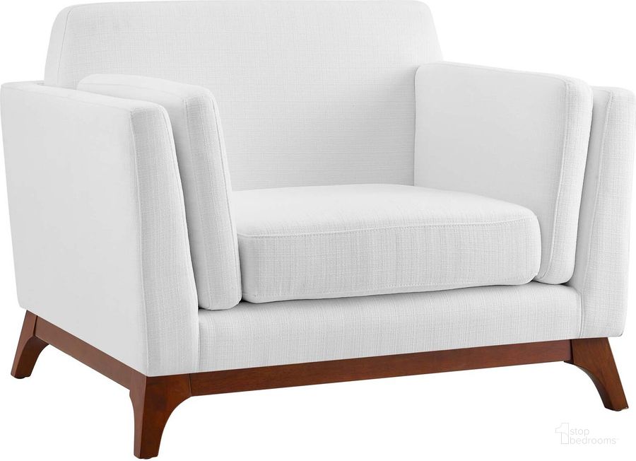 The appearance of Chance White Upholstered Fabric Arm Chair designed by Modway in the modern / contemporary interior design. This white piece of furniture  was selected by 1StopBedrooms from Chance Collection to add a touch of cosiness and style into your home. Sku: EEI-3063-WHI. Material: Wood. Product Type: Living Room Chair. Image1
