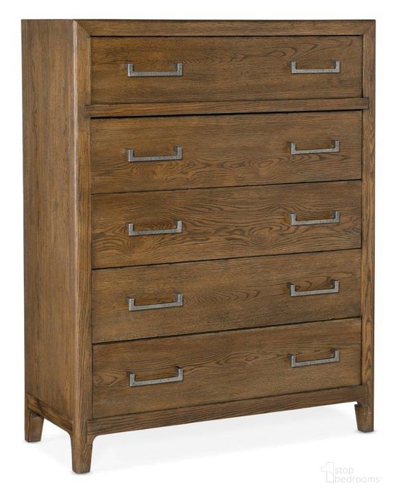 The appearance of Chapman Five-Drawer Chest 6033-90010-85 designed by Hooker in the transitional interior design. This warm brown piece of furniture  was selected by 1StopBedrooms from Chapman Collection to add a touch of cosiness and style into your home. Sku: 6033-90010-85. Product Type: Chest. Material: Wood Veneer. Image1