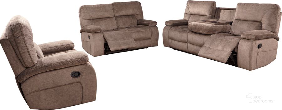 The appearance of Chapman Manual Reclining Sofa Loveseat and Recliner In Brown designed by Parker House in the modern / contemporary interior design. This kona piece of furniture  was selected by 1StopBedrooms from Chapman Collection to add a touch of cosiness and style into your home. Sku: MCHA#812G-KON;MCHA#822-KON;MCHA#833-KON. Material: Polyester. Product Type: Living Room Set. Image1
