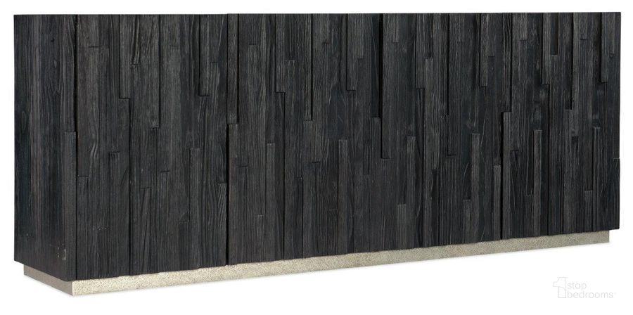The appearance of Chapman Shou Sugi Ban Entertainment Console designed by Hooker in the transitional interior design. This black piece of furniture  was selected by 1StopBedrooms from Chapman Collection to add a touch of cosiness and style into your home. Sku: 6033-55480-99. Product Type: Entertainment Console. Material: Wood Veneer. Image1