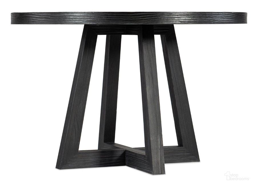 The appearance of Chapman Shou Sugi Ban Petite Round Dining Table designed by Hooker in the transitional interior design. This black piece of furniture  was selected by 1StopBedrooms from Chapman Collection to add a touch of cosiness and style into your home. Sku: 6033-75201-99. Table Base Style: Trestle. Table Top Shape: Round. Product Type: Dining Table. Material: Wood Veneer. Image1