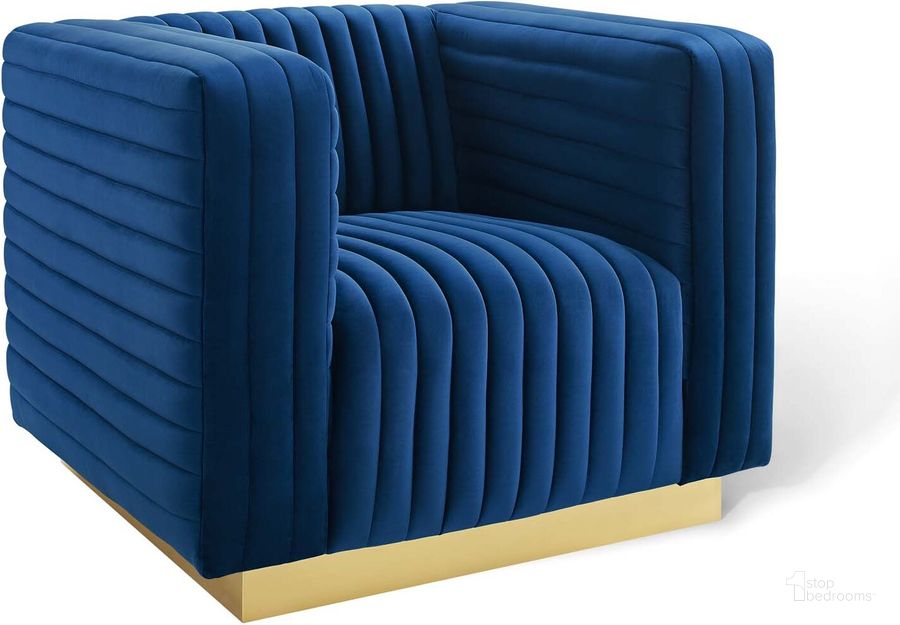 The appearance of Charisma Channel Tufted Performance Velvet Accent Armchair EEI-3887-NAV designed by Modway in the modern / contemporary interior design. This navy piece of furniture  was selected by 1StopBedrooms from Charisma Collection to add a touch of cosiness and style into your home. Sku: EEI-3887-NAV. Material: Polyester. Product Type: Accent Chair. Image1