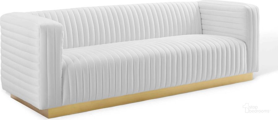 The appearance of Charisma Channel Tufted Performance Velvet Living Room Sofa EEI-3886-WHI designed by Modway in the modern / contemporary interior design. This white piece of furniture  was selected by 1StopBedrooms from Charisma Collection to add a touch of cosiness and style into your home. Sku: EEI-3886-WHI. Material: Polyester. Product Type: Sofa. Image1