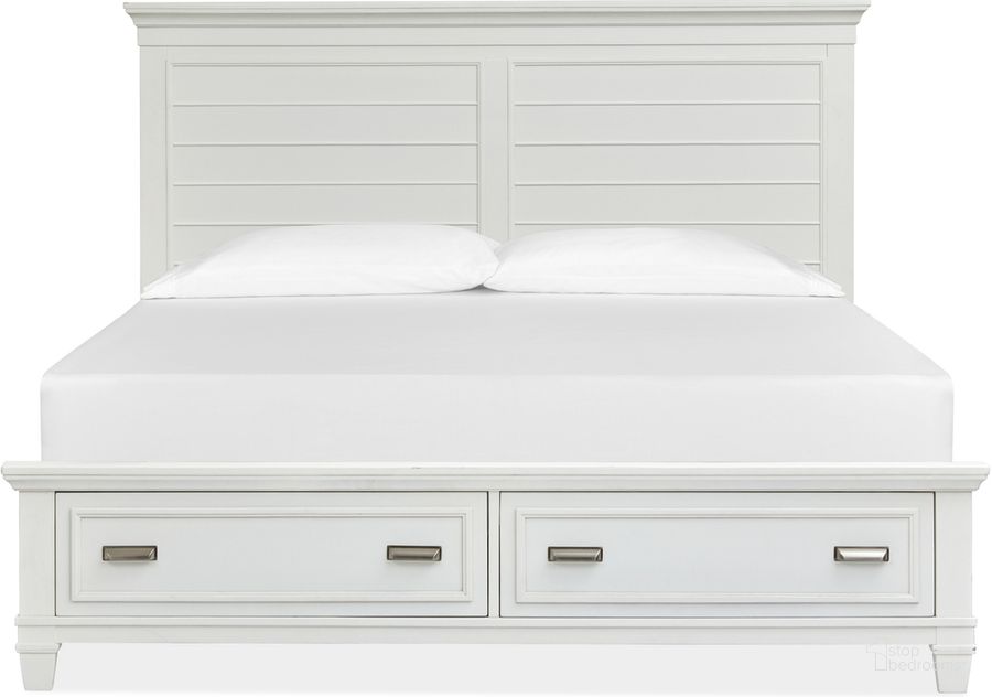 The appearance of Charleston Complete California King Panel Storage Bed In White designed by Magnussen in the  interior design. This white piece of furniture  was selected by 1StopBedrooms from Charleston Collection to add a touch of cosiness and style into your home. Sku: B5611-64HWH;B5611-64SFWH;B5611-74RWH. Bed Type: Panel Bed. Product Type: Panel Bed. Bed Size: California King. Material: MDF. Image1