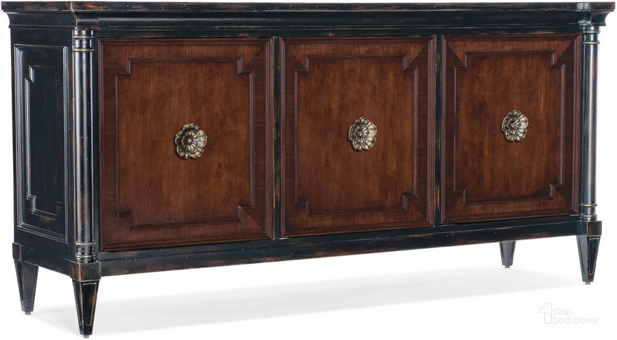 The appearance of Charleston Entertainment Console In Black designed by Hooker in the traditional interior design. This black piece of furniture  was selected by 1StopBedrooms from Charleston Collection to add a touch of cosiness and style into your home. Sku: 6750-55472-00. Material: Wood. Product Type: Entertainment Console. Image1