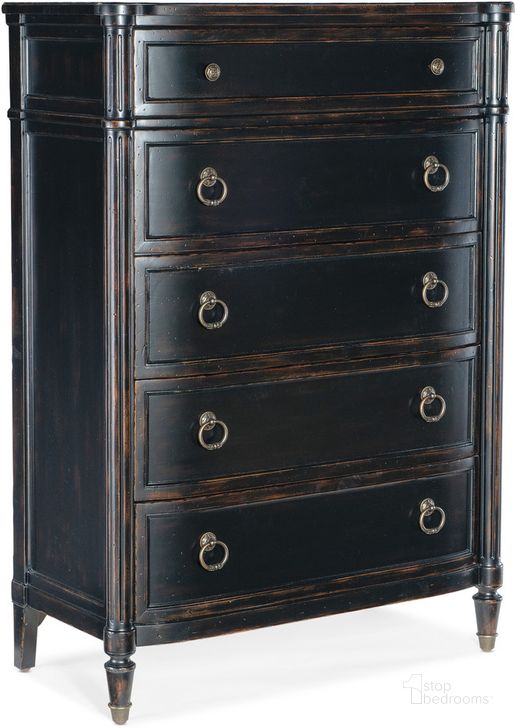 The appearance of Charleston Five Drawer Chest In Black designed by Hooker in the traditional interior design. This black piece of furniture  was selected by 1StopBedrooms from Charleston Collection to add a touch of cosiness and style into your home. Sku: 6750-90010-97. Material: Wood. Product Type: Chest. Image1