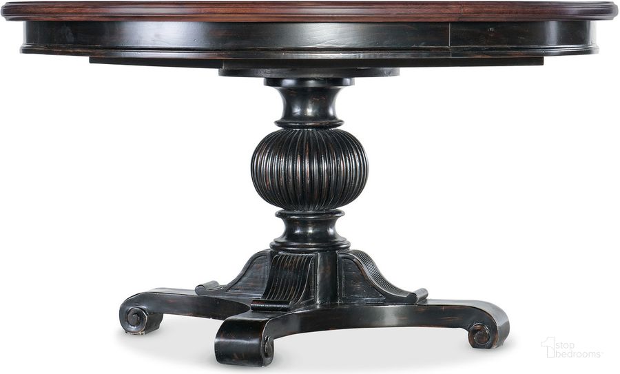 The appearance of Charleston Round Pedestal Dining Table With Leaf In Black designed by Hooker in the traditional interior design. This black piece of furniture  was selected by 1StopBedrooms from Charleston Collection to add a touch of cosiness and style into your home. Sku: 6750-75203B-97;6750-75203T-85. Table Top Shape: Round. Product Type: Dining Table. Material: Resin. Size: 54". Image1
