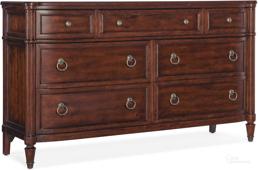 The appearance of Charleston Seven Drawer Dresser In Dark Brown designed by Hooker in the traditional interior design. This dark brown piece of furniture  was selected by 1StopBedrooms from Charleston Collection to add a touch of cosiness and style into your home. Sku: 6750-90202-85. Material: Wood. Product Type: Dresser. Image1