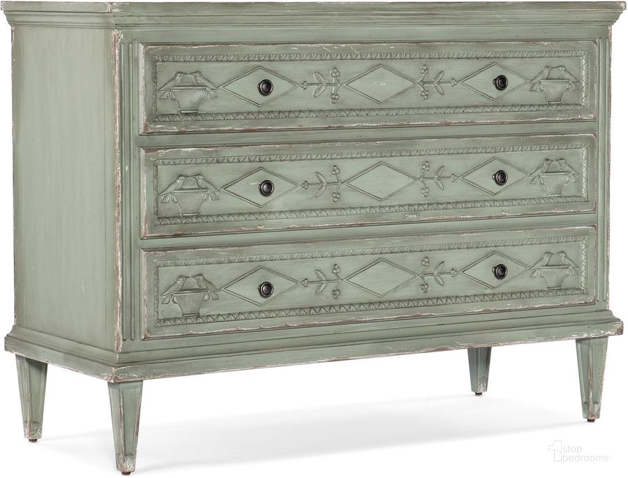 The appearance of Charleston Three Drawer Accent Chest In Light Green designed by Hooker in the traditional interior design. This light green piece of furniture  was selected by 1StopBedrooms from Charleston Collection to add a touch of cosiness and style into your home. Sku: 6750-85011-32. Product Type: Accent Chest. Material: Resin. Image1