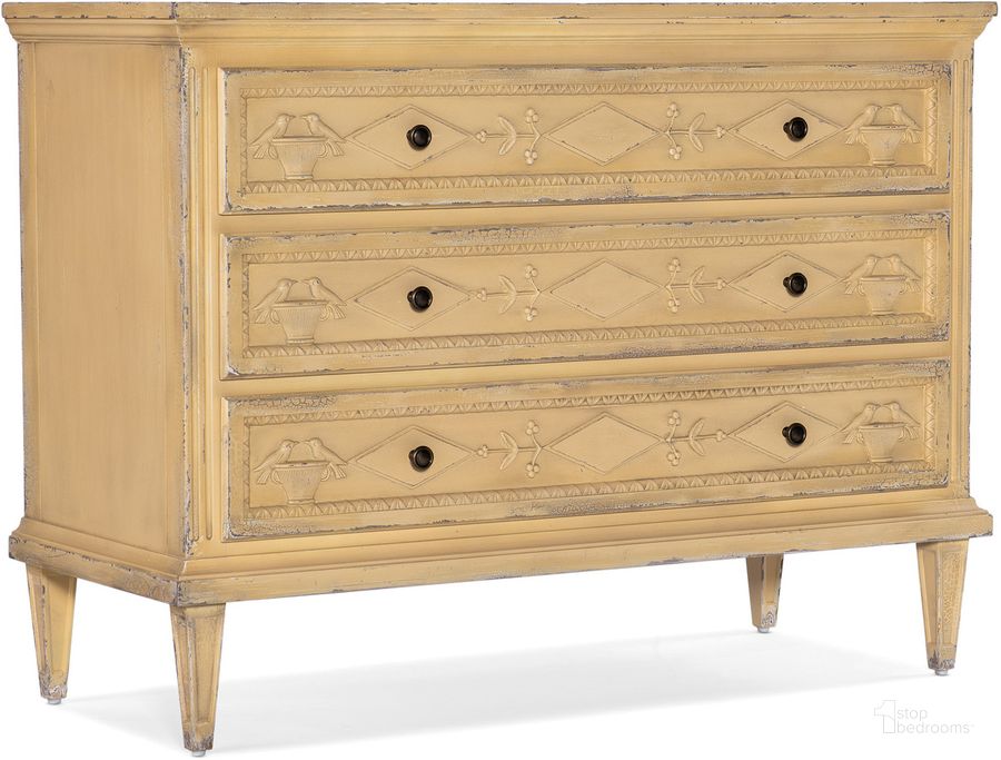The appearance of Charleston Three Drawer Accent Chest In Yellow designed by Hooker in the traditional interior design. This yellow piece of furniture  was selected by 1StopBedrooms from Charleston Collection to add a touch of cosiness and style into your home. Sku: 6750-85011-12. Product Type: Accent Chest. Material: Resin. Image1