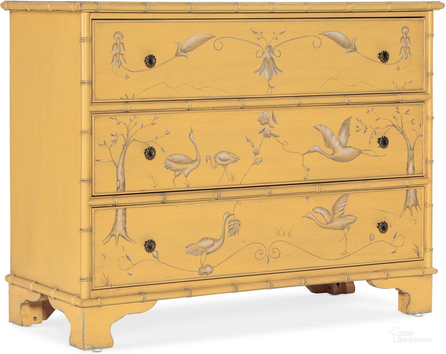 The appearance of Charleston Three Drawer Accent Chest In Yellow designed by Hooker in the traditional interior design. This yellow piece of furniture  was selected by 1StopBedrooms from Charleston Collection to add a touch of cosiness and style into your home. Sku: 6750-85012-14. Material: Wood. Product Type: Accent Chest. Image1