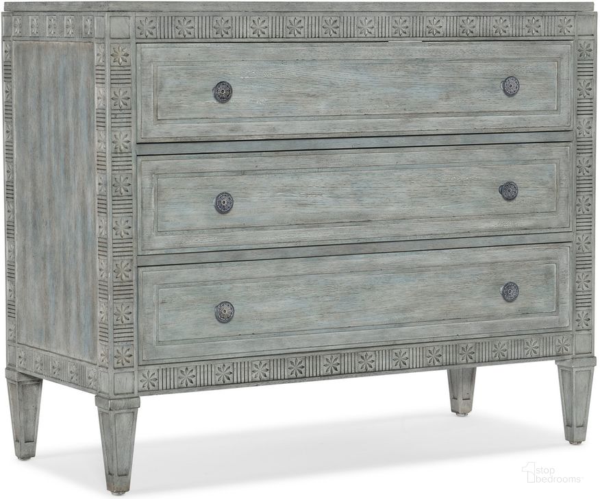 The appearance of Charleston Three Drawer Chest In Light Blue designed by Hooker in the traditional interior design. This light blue piece of furniture  was selected by 1StopBedrooms from Charleston Collection to add a touch of cosiness and style into your home. Sku: 6750-85018-44. Material: Wood. Product Type: Accent Chest. Image1