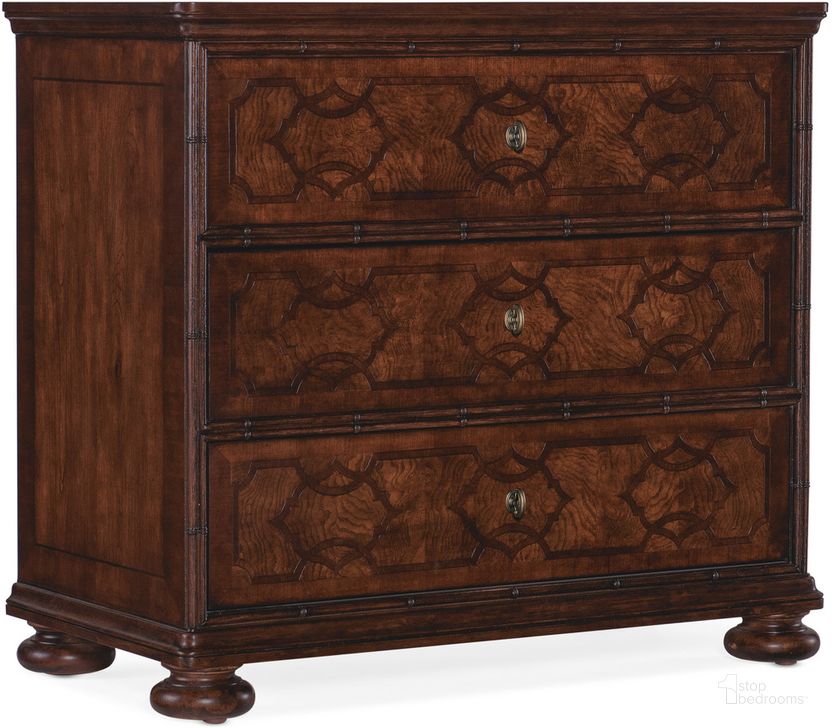 The appearance of Charleston Three Drawer Nightstand In Dark Brown designed by Hooker in the traditional interior design. This dark brown piece of furniture  was selected by 1StopBedrooms from Charleston Collection to add a touch of cosiness and style into your home. Sku: 6750-90116-85. Material: Wood. Product Type: Nightstand. Image1