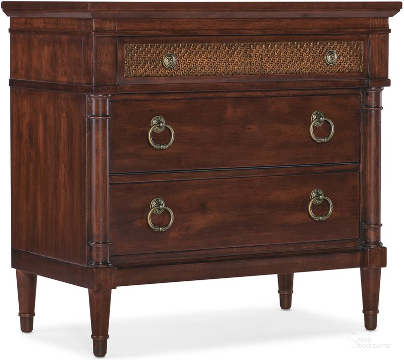 The appearance of Charleston Three Drawer Nightstand In Dark Brown designed by Hooker in the traditional interior design. This dark brown piece of furniture  was selected by 1StopBedrooms from Charleston Collection to add a touch of cosiness and style into your home. Sku: 6750-90315-85. Material: Wood. Product Type: Nightstand. Image1