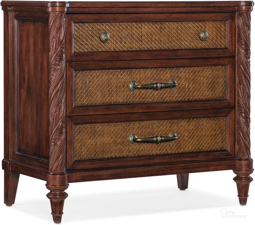 The appearance of Charleston Three Drawer Nightstand In Dark Brown designed by Hooker in the traditional interior design. This dark brown piece of furniture  was selected by 1StopBedrooms from Charleston Collection to add a touch of cosiness and style into your home. Sku: 6750-90316-85. Material: Wood. Product Type: Nightstand. Image1