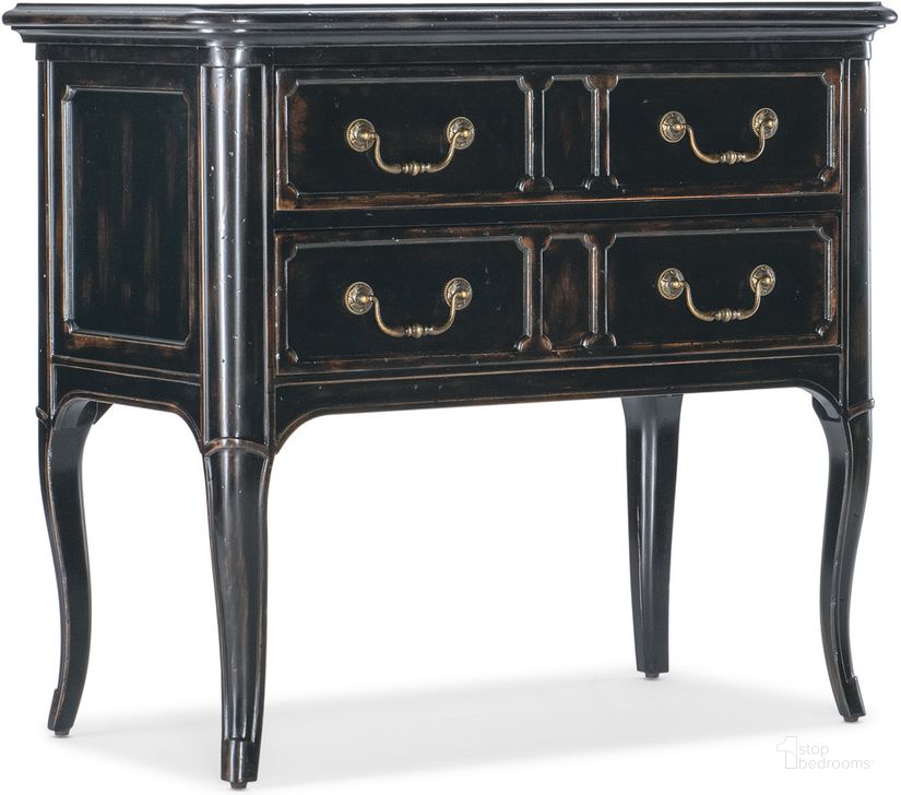 The appearance of Charleston Two Drawer Nightstand In Black designed by Hooker in the traditional interior design. This black piece of furniture  was selected by 1StopBedrooms from Charleston Collection to add a touch of cosiness and style into your home. Sku: 6750-90215-97. Material: Wood. Product Type: Nightstand. Image1