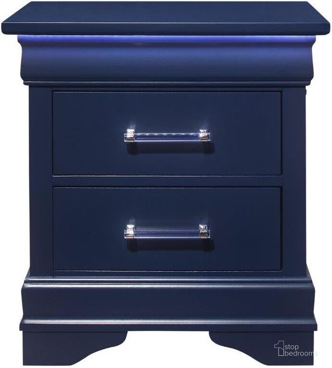 The appearance of Charlie Blue Nightstand designed by Global Furniture USA in the modern / contemporary interior design. This blue piece of furniture  was selected by 1StopBedrooms from Charlie Collection to add a touch of cosiness and style into your home. Sku: CHARLIE-BLUE-NS W/LED. Product Type: Nightstand. Material: Rubberwood. Image1