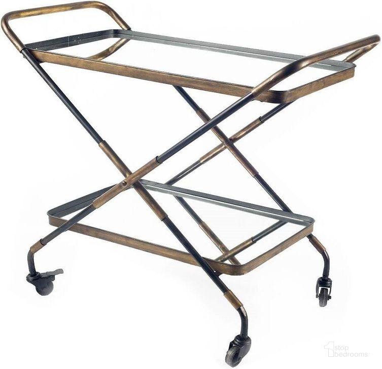 The appearance of Charlize Gold Metal Frame Two-Tier With Mirrored Shelves Bar Cart designed by Mercana in the modern / contemporary interior design. This gold piece of furniture  was selected by 1StopBedrooms from Charlize Collection to add a touch of cosiness and style into your home. Sku: 67045. Material: Metal. Product Type: Bar Cart. Image1