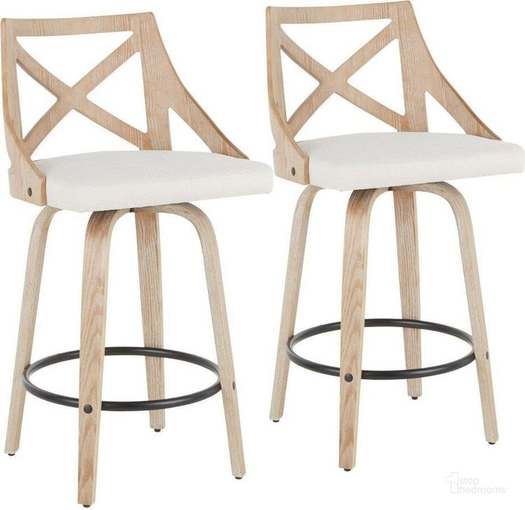 The appearance of Charlotte Farmhouse Counter Stool In White Washed Wood And Cream Fabric - Set Of 2 designed by Lumisource in the country / farmhouse interior design. This white piece of furniture  was selected by 1StopBedrooms from Charlotte Collection to add a touch of cosiness and style into your home. Sku: B26-CHARLOT WWCR2. Material: Fabric. Product Type: Barstool. Image1