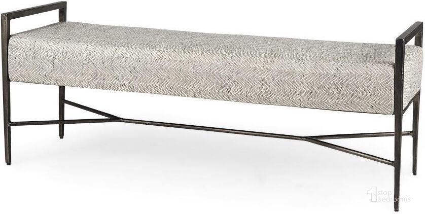 The appearance of Charlotte Gray Herringbone Fabric Seat With Antique Nickel Metal Frame Bench designed by Mercana in the modern / contemporary interior design. This grey piece of furniture  was selected by 1StopBedrooms from Charlotte Collection to add a touch of cosiness and style into your home. Sku: 69367. Product Type: Bench. Material: Iron. Image1