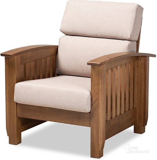 The appearance of Charlotte Modern Classic Mission Style Taupe Fabric Upholstered Walnut Brown Finished Wood 1-Seater Lounge Chair designed by Baxton Studio in the modern / contemporary interior design. This taupe piece of furniture  was selected by 1StopBedrooms from Charlotte Collection to add a touch of cosiness and style into your home. Sku: SW3513-Taupe/Walnut-M17-CC. Product Type: Lounge Chair. Material: Rubberwood. Image1