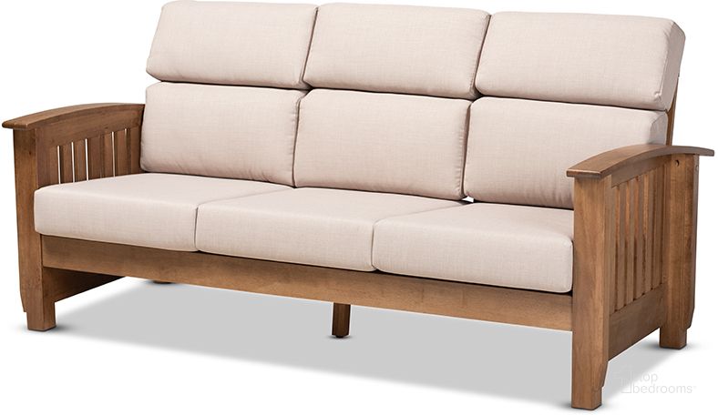 The appearance of Charlotte Modern Classic Mission Style Taupe Fabric Upholstered Walnut Brown Finished Wood 3-Seater Sofa designed by Baxton Studio in the modern / contemporary interior design. This taupe piece of furniture  was selected by 1StopBedrooms from Charlotte Collection to add a touch of cosiness and style into your home. Sku: SW3513-Taupe/Walnut-M17-SF. Product Type: Sofa. Material: Rubberwood. Image1