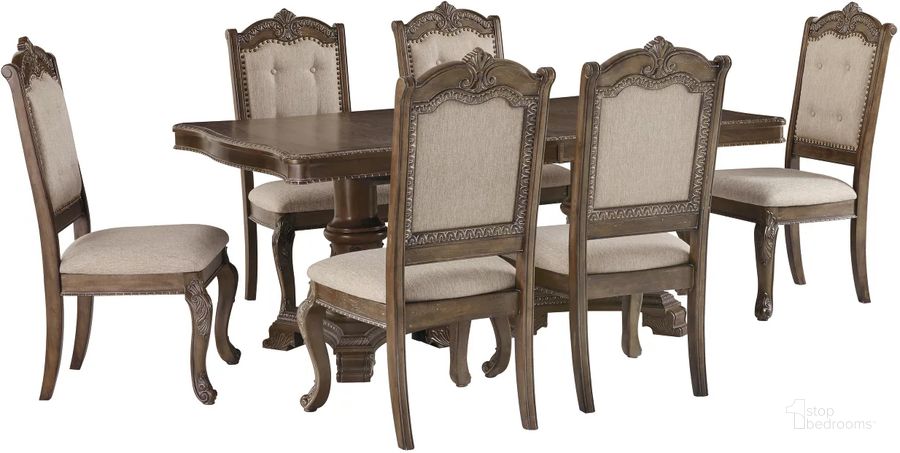 The appearance of Charmond Brown Extendable Dining Room Set designed by Signature Design by Ashley in the traditional interior design. This brown piece of furniture  was selected by 1StopBedrooms from Charmond Collection to add a touch of cosiness and style into your home. Sku: D803-55T;D803-55B;D803-01. Table Base Style: Double Pedestal. Material: Wood. Product Type: Dining Room Set. Table Top Shape: Rectangular. Image1