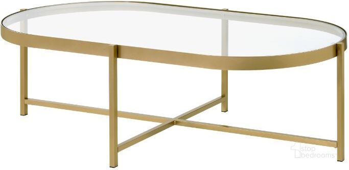 The appearance of Charrot Coffee Table In Clear Glass Top And Gold designed by ACME in the modern / contemporary interior design. This gold piece of furniture  was selected by 1StopBedrooms from Charrot Collection to add a touch of cosiness and style into your home. Sku: 82305. Material: Metal. Product Type: Coffee Table. Image1