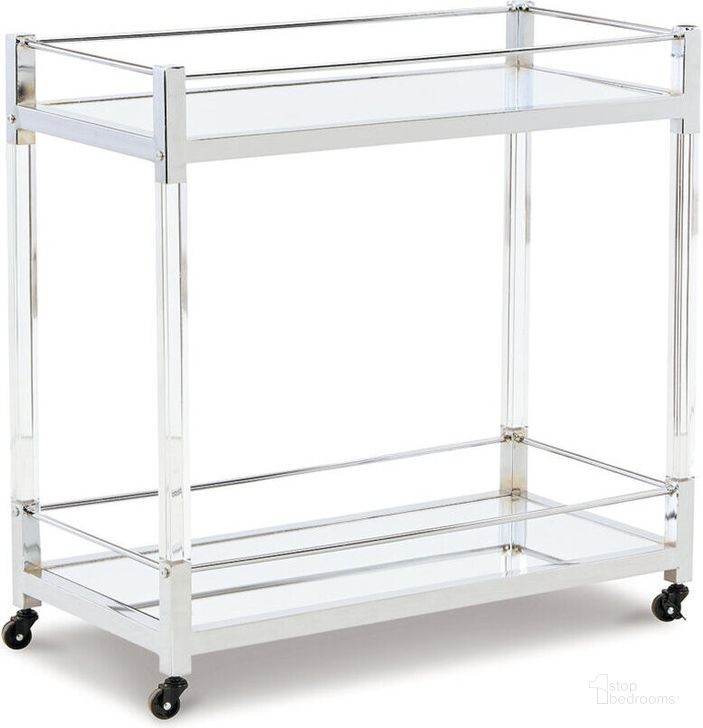 The appearance of Chaseton Clear And Silver Bar Cart designed by Signature Design by Ashley in the transitional interior design. This clear/silver piece of furniture  was selected by 1StopBedrooms from Chaseton Collection to add a touch of cosiness and style into your home. Sku: A4000501. Material: Glass. Product Type: Bar Cart. Image1