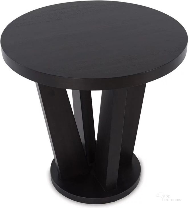 The appearance of Chasinfield Dark Brown Round End Table designed by Signature Design by Ashley in the modern / contemporary interior design. This dark brown piece of furniture  was selected by 1StopBedrooms from Chasinfield Collection to add a touch of cosiness and style into your home. Sku: T458-6. Material: Wood. Product Type: End Table. Image1