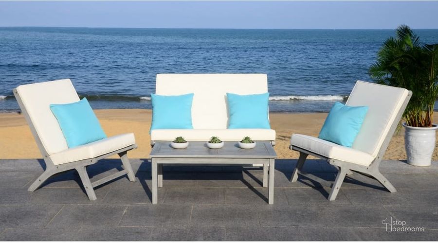 The appearance of Chaston Grey Wash, White and Light Blue 5-Piece Outdoor Living Set with Accent Pillows designed by Safavieh in the transitional interior design. This blue and grey piece of furniture  was selected by 1StopBedrooms from Chaston Collection to add a touch of cosiness and style into your home. Sku: PAT7044B. Material: Steel. Product Type: Outdoor Conversation Set. Image1