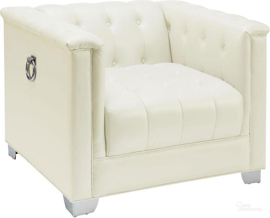 The appearance of Chaviano Pearl White Tufted Chair designed by Coaster in the modern / contemporary interior design. This white piece of furniture  was selected by 1StopBedrooms from Chaviano Collection to add a touch of cosiness and style into your home. Sku: 505393. Product Type: Living Room Chair. Material: Vinyl. Key Features: Tufted. Image1