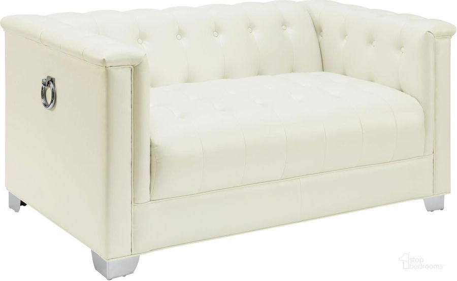 The appearance of Chaviano Pearl White Tufted Loveseat designed by Coaster in the modern / contemporary interior design. This white piece of furniture  was selected by 1StopBedrooms from Chaviano Collection to add a touch of cosiness and style into your home. Sku: 505392. Product Type: Loveseat. Material: Vinyl. Key Features: Tufted. Image1