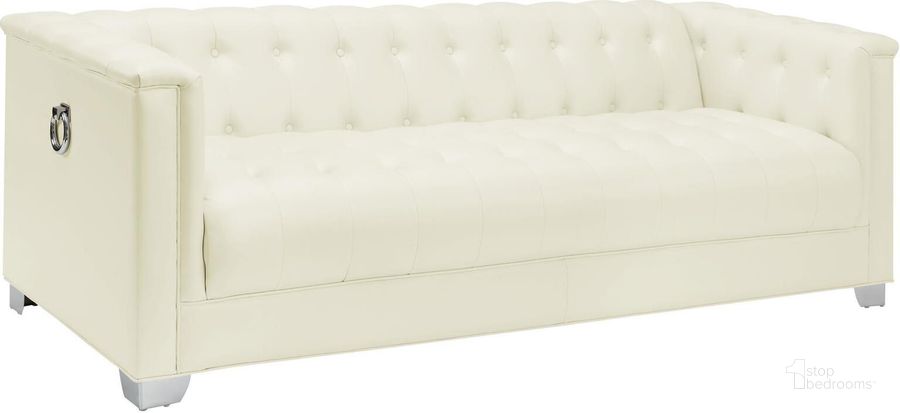 The appearance of Chaviano Pearl White Tufted Sofa designed by Coaster in the modern / contemporary interior design. This white piece of furniture  was selected by 1StopBedrooms from Chaviano Collection to add a touch of cosiness and style into your home. Sku: 505391. Product Type: Sofa. Material: Vinyl. Key Features: Tufted. Image1