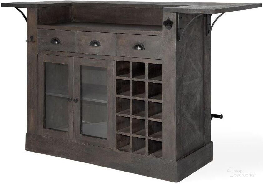 The appearance of Cheers Dark Brown Solid Wood Wine Bottle Storage Kitchen Island designed by Mercana in the modern / contemporary interior design. This brown piece of furniture  was selected by 1StopBedrooms from Cheers Collection to add a touch of cosiness and style into your home. Sku: 67553-AB. Material: Wood. Product Type: Kitchen Island. Image1