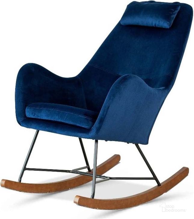 The appearance of Chelsea Blue Velvet Fabric Rocking Chair designed by Ashcroft Furniture in the transitional interior design. This dark blue piece of furniture  was selected by 1StopBedrooms from Chelsea Collection to add a touch of cosiness and style into your home. Sku: AFC00142. Material: Wood. Product Type: Chair. Image1