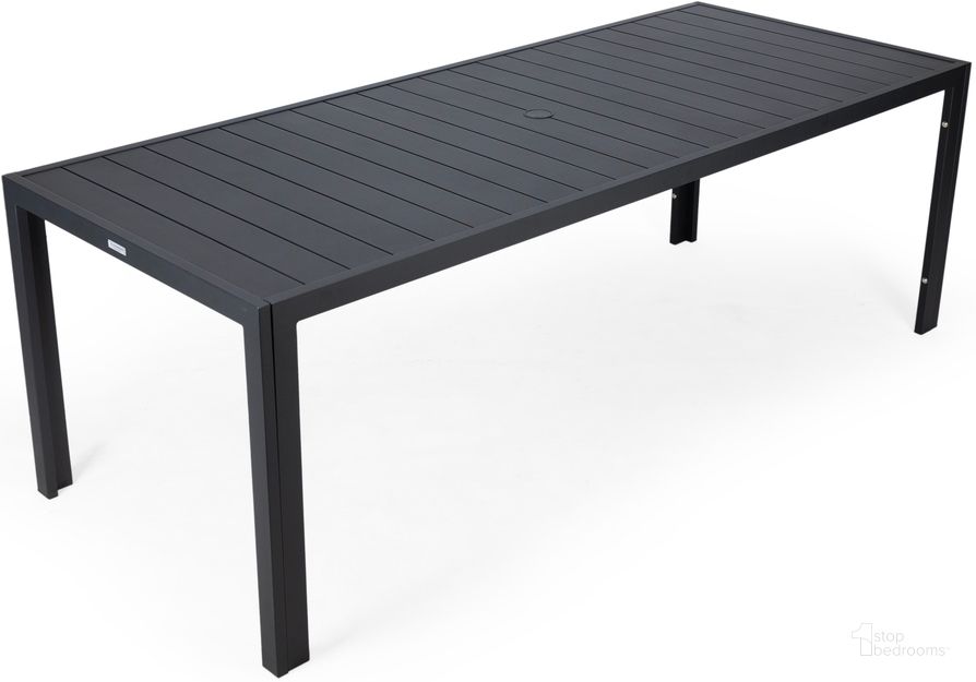The appearance of Chelsea Outdoor 87" Dining Table In Black designed by LeisureMod in the modern / contemporary interior design. This black piece of furniture  was selected by 1StopBedrooms from Chelsea Collection to add a touch of cosiness and style into your home. Sku: CT87BL. Table Base Style: Legs. Material: Aluminum. Table Top Shape: Rectangular. Product Type: Outdoor Dining Table. Size: 87". Image1