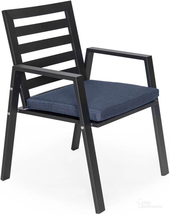 The appearance of Chelsea Patio Dining Armchair with Removable Cushions In Charcoal Blue designed by LeisureMod in the modern / contemporary interior design. This charcoal piece of furniture  was selected by 1StopBedrooms from Chelsea Collection to add a touch of cosiness and style into your home. Sku: CC20BL-CBU. Material: Aluminum. Product Type: Outdoor Dining Chair. Image1
