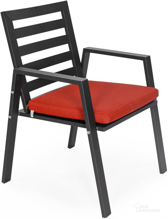The appearance of Chelsea Patio Dining Armchair with Removable Cushions In Cherry Red designed by LeisureMod in the modern / contemporary interior design. This cherry red piece of furniture  was selected by 1StopBedrooms from Chelsea Collection to add a touch of cosiness and style into your home. Sku: CC20BL-CHR. Material: Aluminum. Product Type: Outdoor Dining Chair. Image1