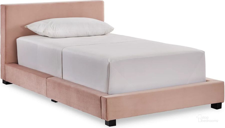 The appearance of Chesani Blush Velvet Twin Upholstered Panel Bed designed by Signature Design by Ashley in the modern / contemporary interior design. This blush piece of furniture  was selected by 1StopBedrooms from Chesani Collection to add a touch of cosiness and style into your home. Sku: B050-171. Bed Type: Panel Bed. Material: Fabric. Product Type: Panel Bed. Bed Size: Twin. Image1