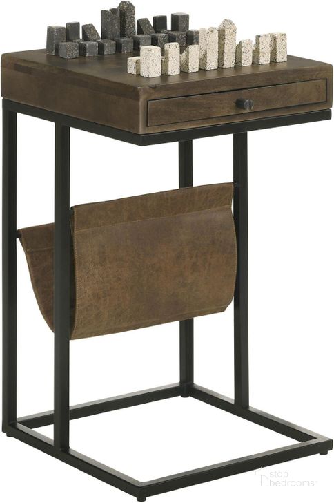 The appearance of Chessie 1-Drawer Square Side Table with Leatherette Sling In Tobacco and Black designed by Coaster in the industrial interior design. This tobacco/black piece of furniture  was selected by 1StopBedrooms from Chessie Collection to add a touch of cosiness and style into your home. Sku: 936135. Material: Wood. Product Type: Side Table. Image1