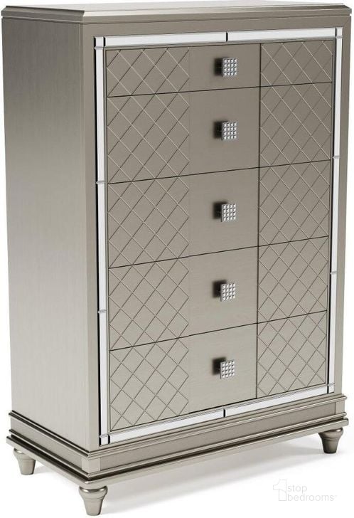 The appearance of Chevanna Platinum Five Drawer Chest designed by Signature Design by Ashley in the modern / contemporary interior design. This platinum piece of furniture  was selected by 1StopBedrooms from Chevanna Collection to add a touch of cosiness and style into your home. Sku: B744-46. Material: Glass. Product Type: Chest. Image1