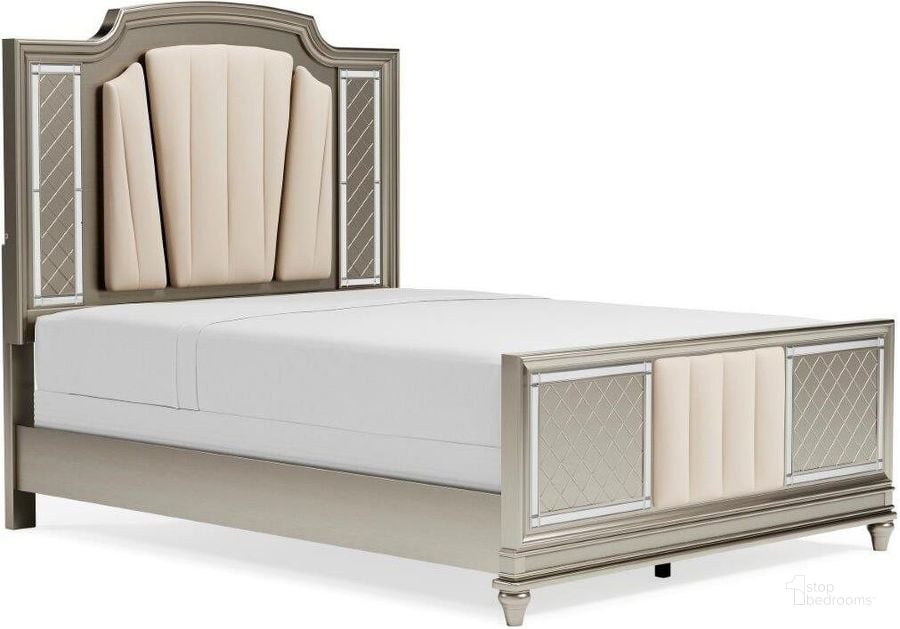 The appearance of Chevanna Platinum Queen Upholstered Panel Bed designed by Signature Design by Ashley in the transitional interior design. This platinum piece of furniture  was selected by 1StopBedrooms from Chevanna Collection to add a touch of cosiness and style into your home. Sku: B744-57;B744-54;B744-96. Bed Type: Panel Bed. Material: Fabric. Product Type: Panel Bed. Bed Size: Queen. Image1