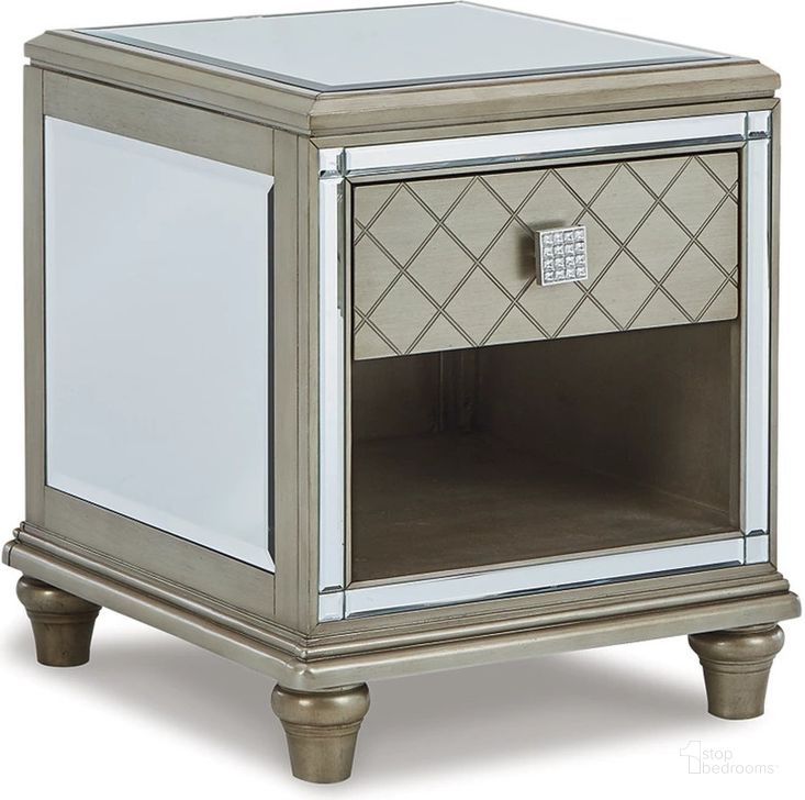 The appearance of Chevanna Platinum Rectangular End Table designed by Signature Design by Ashley in the modern / contemporary interior design. This platinum piece of furniture  was selected by 1StopBedrooms from Chevanna Collection to add a touch of cosiness and style into your home. Sku: T942-3. Material: Glass. Product Type: End Table. Image1