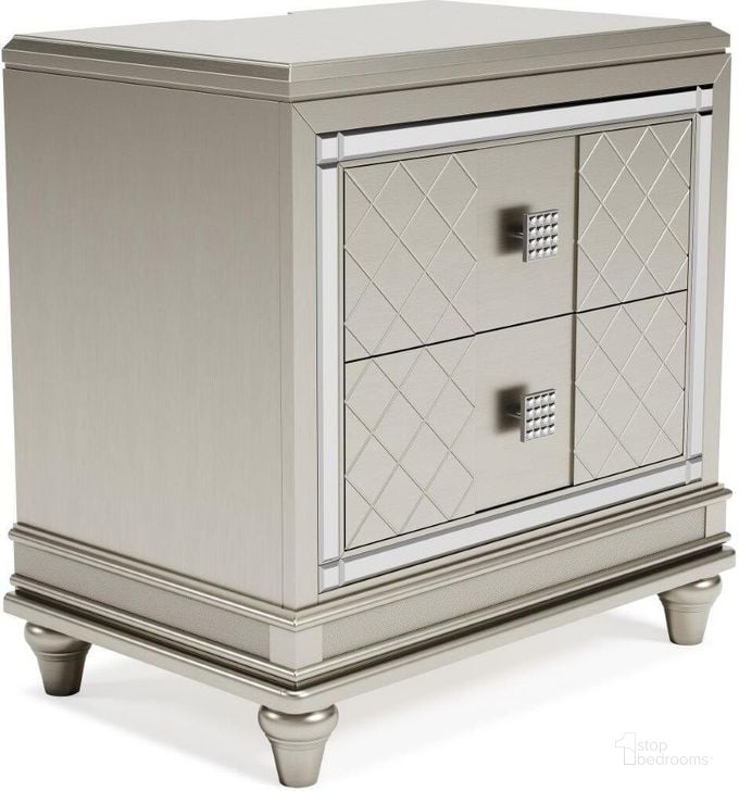 The appearance of Chevanna Platinum Two Drawer Night Stand designed by Signature Design by Ashley in the modern / contemporary interior design. This platinum piece of furniture  was selected by 1StopBedrooms from Chevanna Collection to add a touch of cosiness and style into your home. Sku: B744-92. Material: Wood. Product Type: Nightstand. Image1