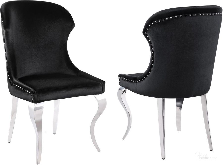 The appearance of Cheyanne Upholstered Wingback Side Chair with Nailhead Trim Set of 2 In Chrome and Black designed by Coaster in the glam interior design. This black and chrome piece of furniture  was selected by 1StopBedrooms from Cheyanne Collection to add a touch of cosiness and style into your home. Sku: 190742B1;190742B2. Material: Upholstered. Product Type: Side Chair. Image1