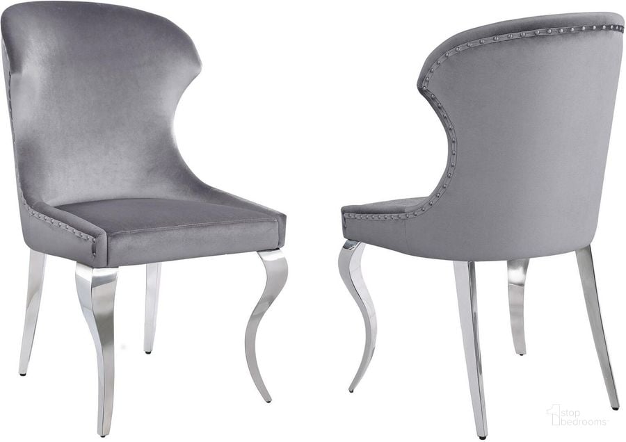 The appearance of Cheyanne Upholstered Wingback Side Chair with Nailhead Trim Set of 2 In Chrome and Grey designed by Coaster in the glam interior design. This chrome and gray piece of furniture  was selected by 1StopBedrooms from Cheyanne Collection to add a touch of cosiness and style into your home. Sku: 190743B1;190743B2. Material: Upholstered. Product Type: Side Chair. Image1