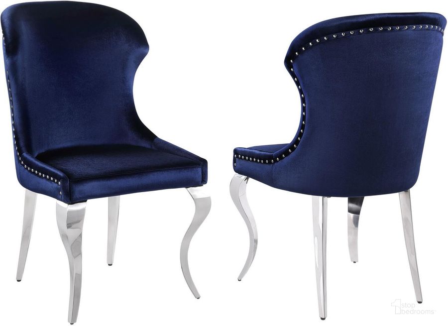 The appearance of Cheyanne Upholstered Wingback Side Chair with Nailhead Trim Set of 2 In Chrome and Ink Blue designed by Coaster in the glam interior design. This chrome/ink blue piece of furniture  was selected by 1StopBedrooms from Cheyanne Collection to add a touch of cosiness and style into your home. Sku: 190745B1;190745B2. Material: Upholstered. Product Type: Side Chair. Image1