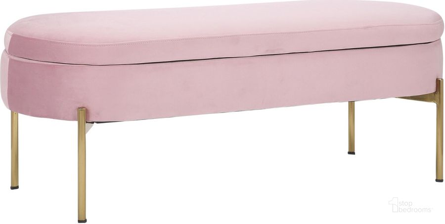The appearance of Chloe Contemporary/Glam Storage Bench In Gold Metal And Blush Pink designed by Lumisource in the modern / contemporary interior design. This blush pink piece of furniture  was selected by 1StopBedrooms from Chloe Collection to add a touch of cosiness and style into your home. Sku: BC-CHLOE STOR AUVBLSH. Product Type: Storage Bench. Material: Velvet. Image1