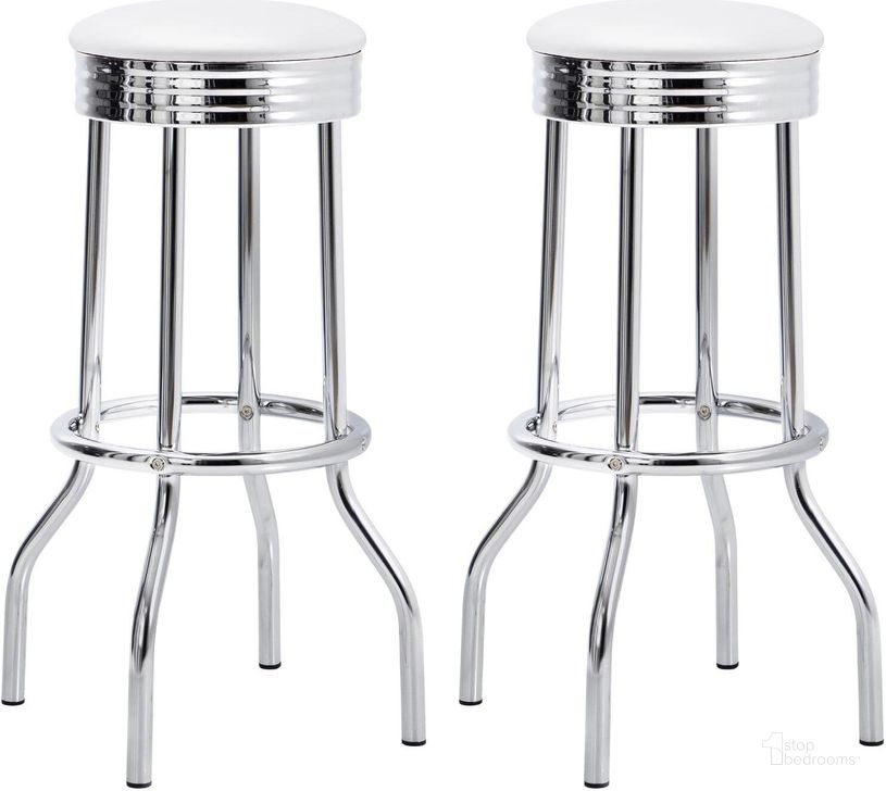 The appearance of Chrome 29" Bar Stool Set of 2 designed by Coaster in the modern / contemporary interior design. This chrome piece of furniture  was selected by 1StopBedrooms from Chrome Collection to add a touch of cosiness and style into your home. Sku: 2299W. Product Type: Barstool. Material: Vinyl. Image1